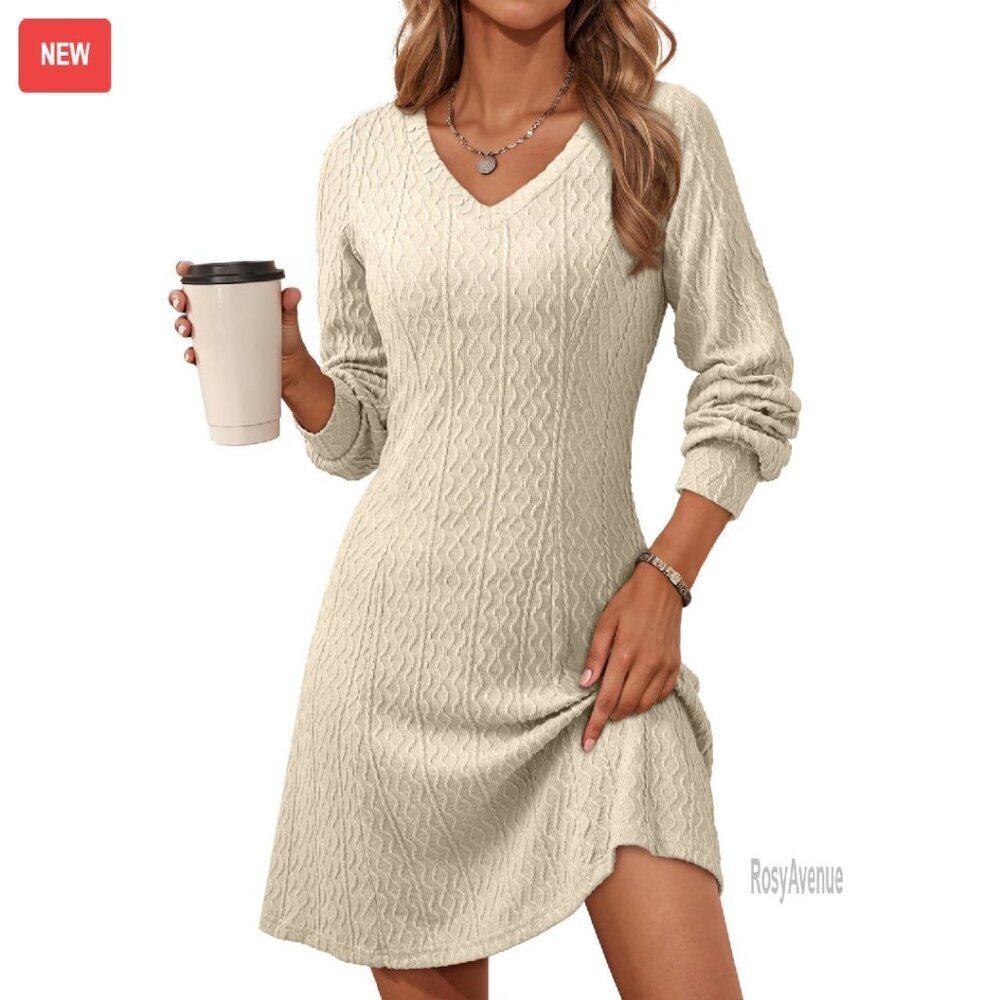 V-Neck Knit Sweater Dress Long Sleeve A-Line Casual Winter
